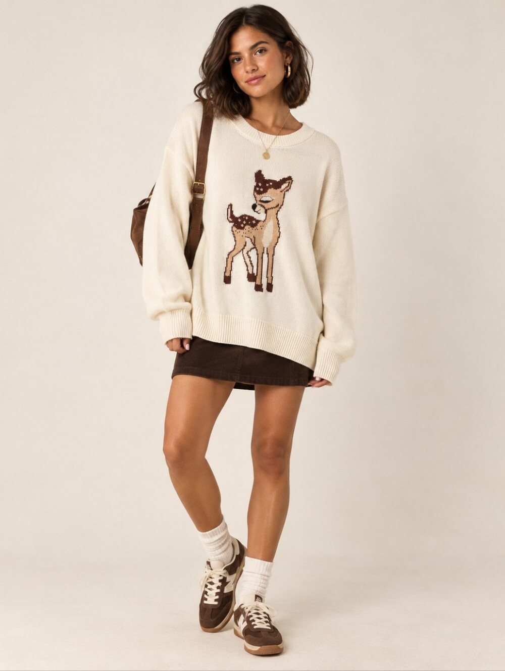 Sincerely Jules Cream Deer Graphic Oversized Sweater Large